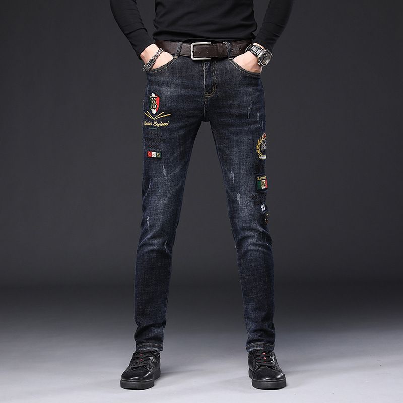 Mænds Jeans Rust Flower Hot Drill Reflekterende Stretch Slim Fit Små Fødder Huller