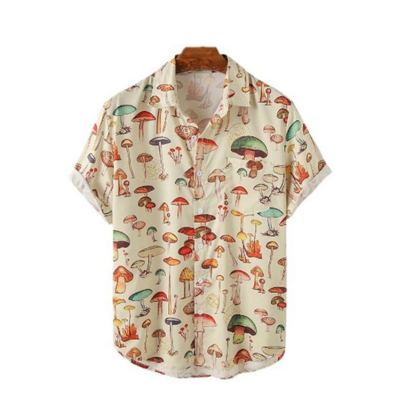 Mænds Skjorte Sommer Lapel Mushroom Print Kortærmet Løst