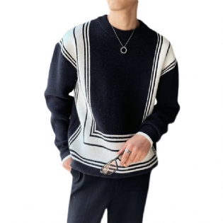 Mænds Sweater Geometrisk Linje Jacquard Farve Blok Løs Rund Hals Strik