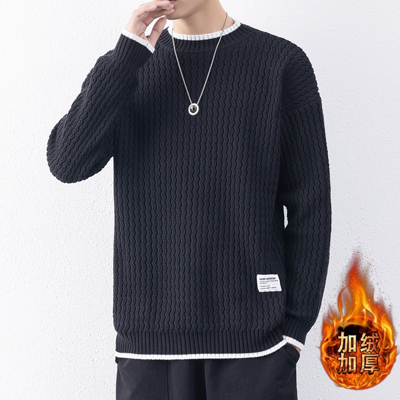 Mænds Sweater Plys Tyk Mode Afslappet Striktrøje Langærmet Rundhalset
