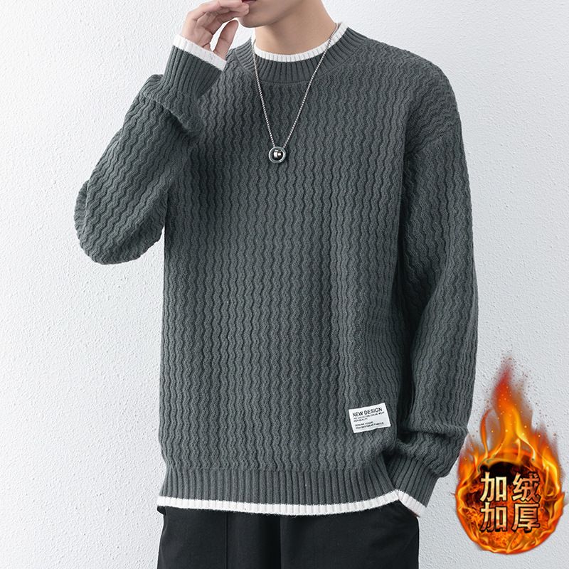 Mænds Sweater Plys Tyk Mode Afslappet Striktrøje Langærmet Rundhalset