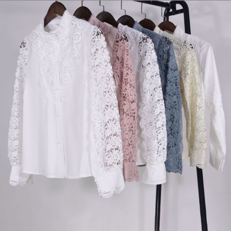 Mode Damebluse Blonde Lange Ærmer V-hals Blondeudskæring