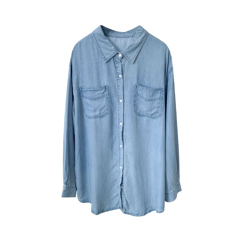 Mørkeblå Denimskjorte Til Kvinder Tynd Ensfarvet Lige Cardigan