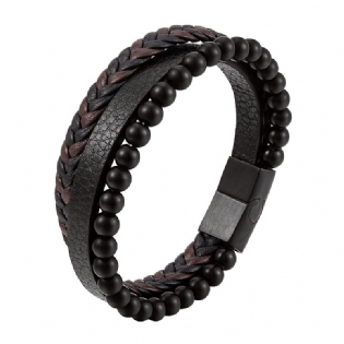 Natursten Lava Sten Læder Armbånd Rustfrit Stål Flettet Flerlags Titanium Smykker Til Mænd