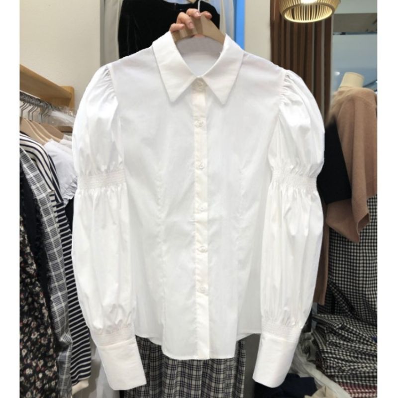 Ny Dame Lapel Button Shirt Puff Sleeve Top Damer