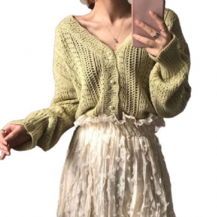 Ny Smart Retro Hul Uld Frakke Hæklet Sweater V-hals Strikket Cardigan Kvinder