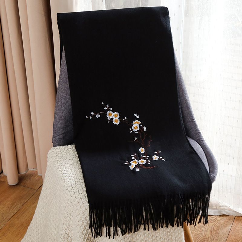 Nyt Ensfarvet Broderet Kashmir Tørklæde Mor Stil Broderi Blomme Blomst Gave Sjal Varmt