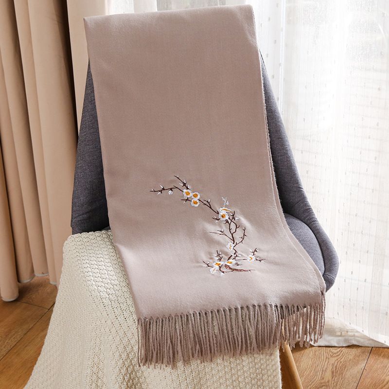 Nyt Ensfarvet Broderet Kashmir Tørklæde Mor Stil Broderi Blomme Blomst Gave Sjal Varmt