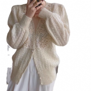 Perleindlagt Cardigan Sweaterjakke Dame 2023 Efterår Og Vinter Ny Tråd Hul Løs Top