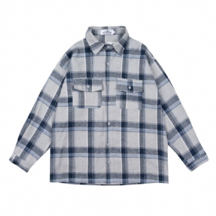 Plaid Skjorte Herre Langærmet Løs Lommejakke Casual Revers Cardigan