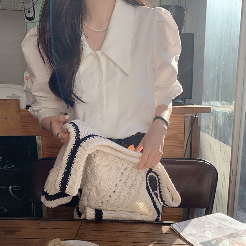 Retro Dameskjorte Temperament Lange Ærmer Lapel Puff Sleeves