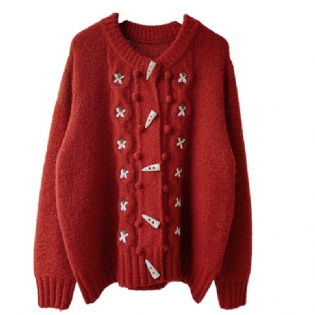 Retro Horn Knap Rød Sweater Jakke Kvinder 2023 Forår Løs Strik Cardigan Fashion