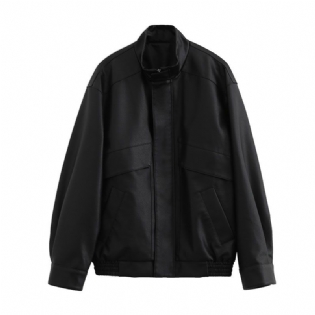 Retro Stand Collar Læderjakke Dame Langærmet Ny