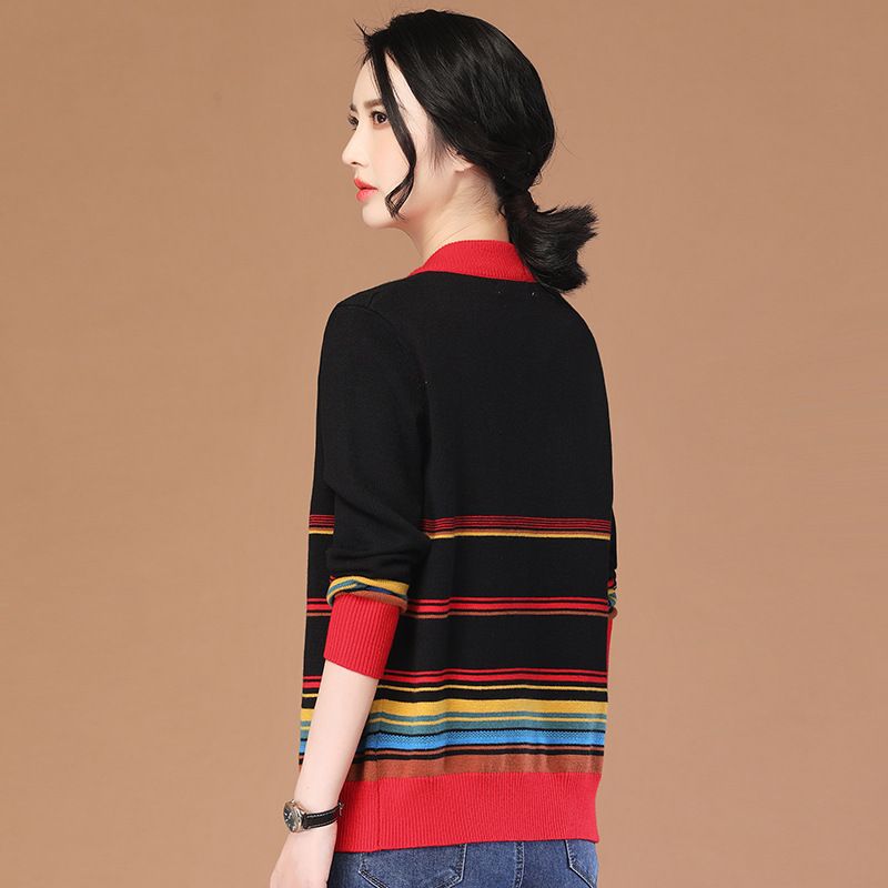 Retro Stand-up Krave Langærmet Stribet Strik Cardigan Kvinder Forår Ny Sweater Frakke