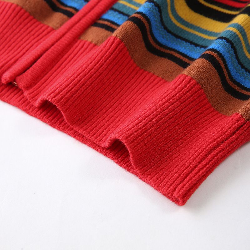 Retro Stand-up Krave Langærmet Stribet Strik Cardigan Kvinder Forår Ny Sweater Frakke