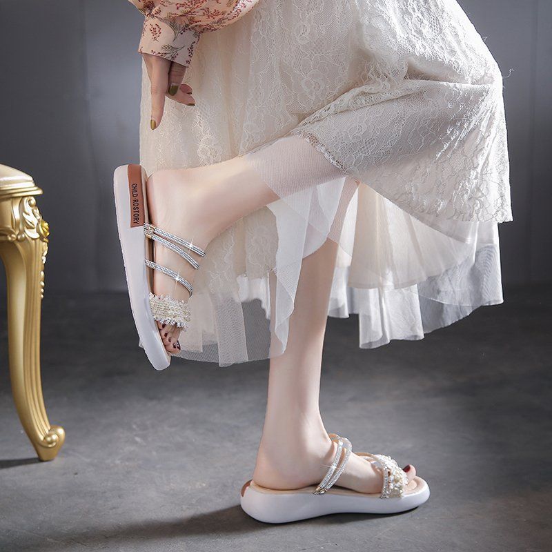 Rhinestone Sandaler Kvinders Flade Sko Sommer Ny Studerende Perle Romerske Hjemmesko Sko Tidevand