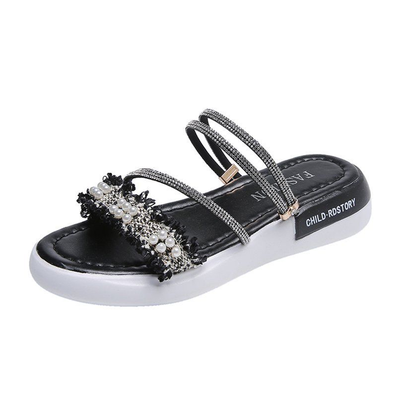 Rhinestone Sandaler Kvinders Flade Sko Sommer Ny Studerende Perle Romerske Hjemmesko Sko Tidevand