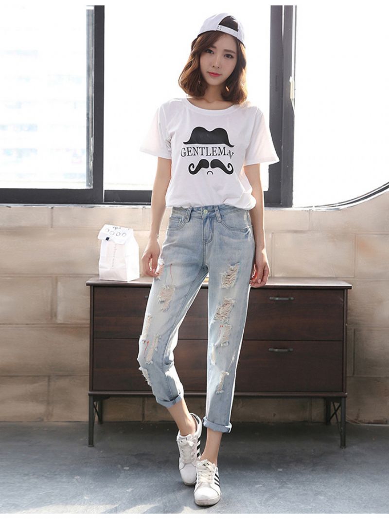 Rippede Jeans Damer Lys Farve Lige Løs Crop