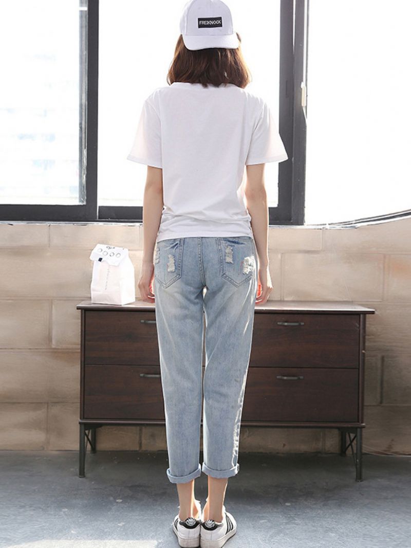 Rippede Jeans Damer Lys Farve Lige Løs Crop