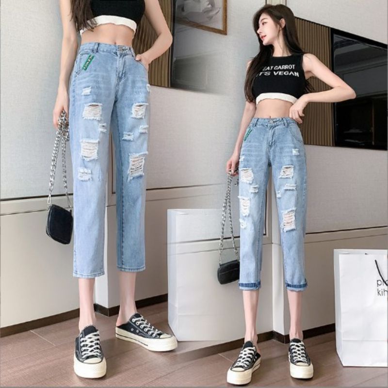 Rippede Jeans Damer Lys Farve Lige Løs Crop
