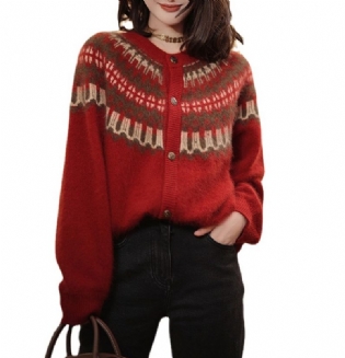 Rød Strikket Cardigan Kvindelig Forår Og Efterår 2023 Ny Mode Retro Jacquard Løs Tyk Sweaterjakke
