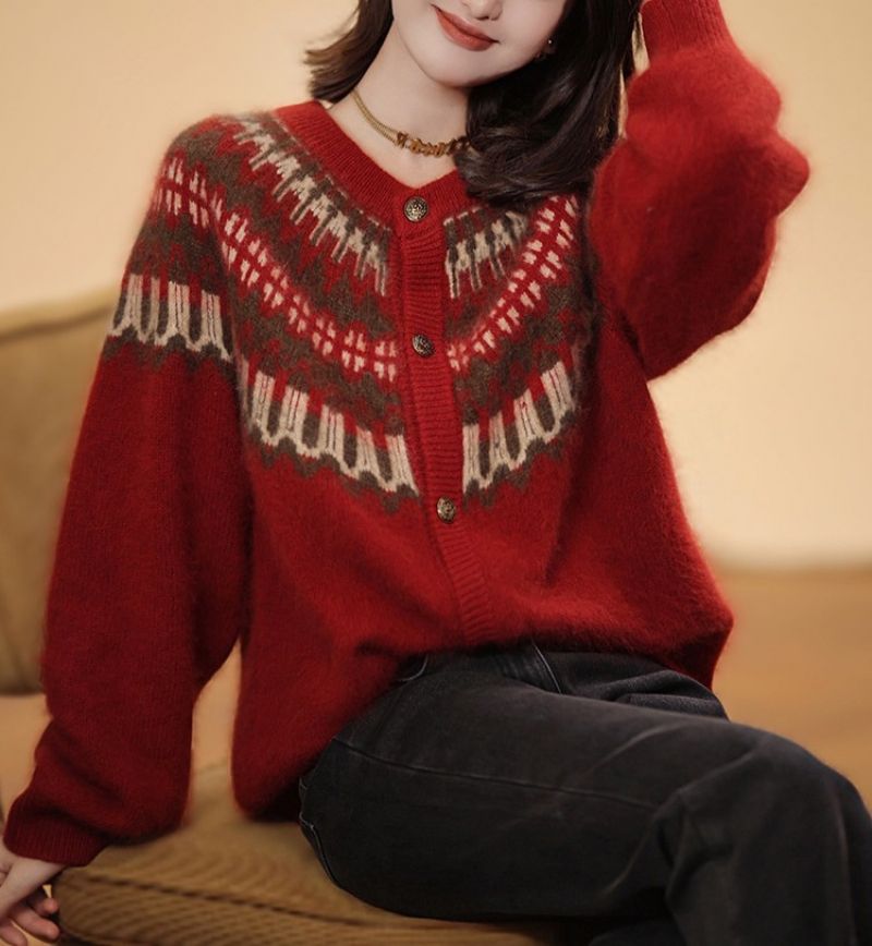 Rød Strikket Cardigan Kvindelig Forår Og Efterår 2023 Ny Mode Retro Jacquard Løs Tyk Sweaterjakke