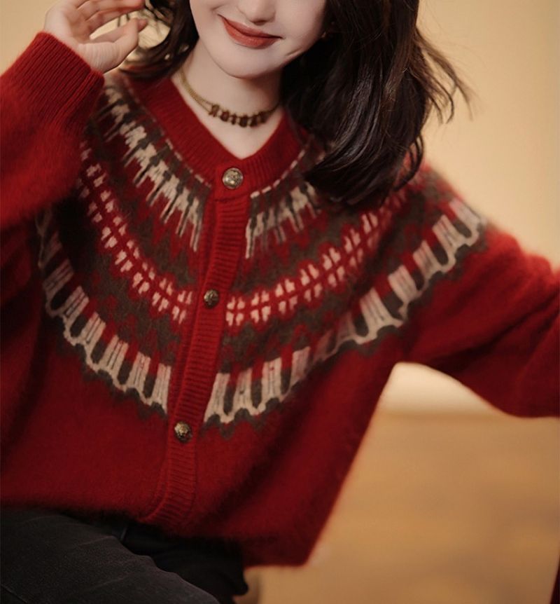 Rød Strikket Cardigan Kvindelig Forår Og Efterår 2023 Ny Mode Retro Jacquard Løs Tyk Sweaterjakke