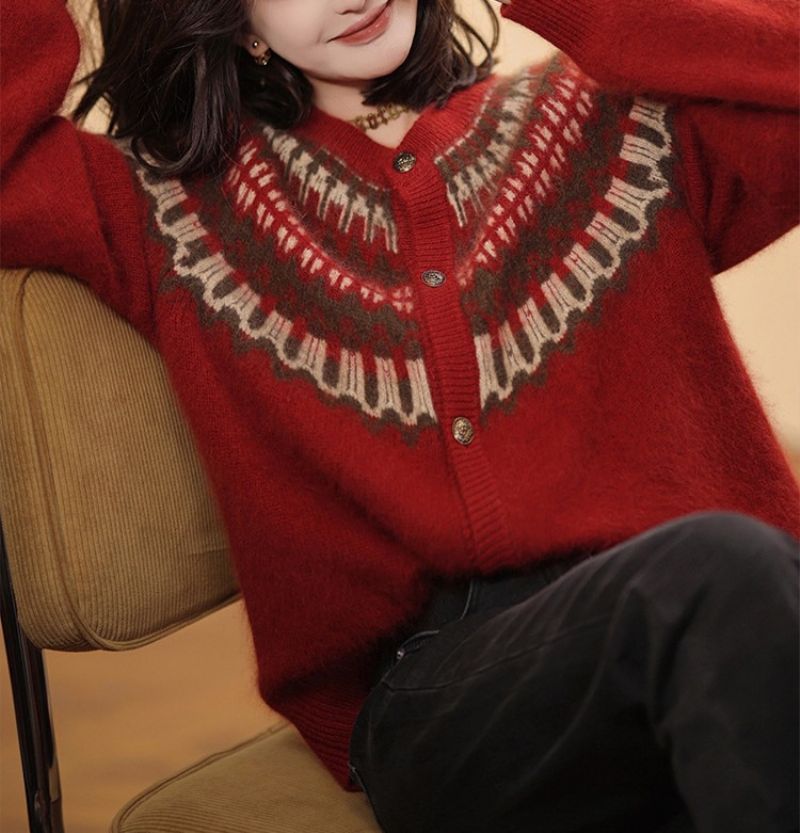 Rød Strikket Cardigan Kvindelig Forår Og Efterår 2023 Ny Mode Retro Jacquard Løs Tyk Sweaterjakke