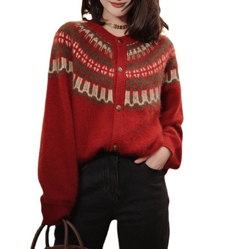 Rød Strikket Cardigan Kvindelig Forår Og Efterår 2023 Ny Mode Retro Jacquard Løs Tyk Sweaterjakke