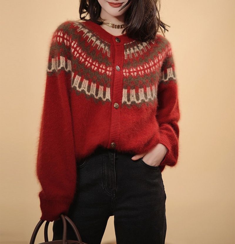 Rød Strikket Cardigan Kvindelig Forår Og Efterår 2023 Ny Mode Retro Jacquard Løs Tyk Sweaterjakke