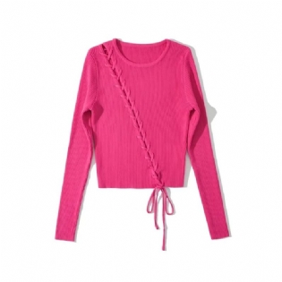Rund Hals Design Skrå Krave Iført Reb Høj Talje Slank Kort Elastisk Langærmet Striktrøje Sweater Til Kvinder