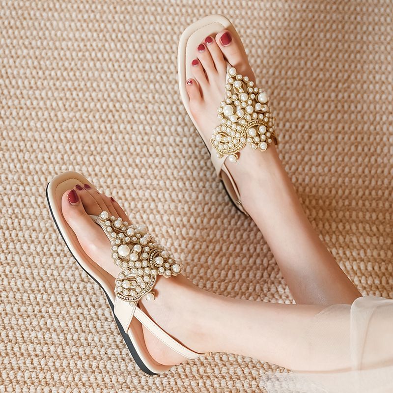 Sandaler Dame Sommer 2023 Rhinestone Perle Flad Bund Firkantet Tå Pinch Toe Toe Damesko 41-43
