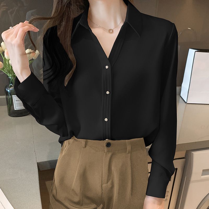 Satin Bluse Løs Langærmet Temperament Lodret Metal Spænde Mode