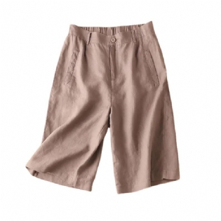 Shorts Med Brede Ben I Bomuld Og Hør Dame Tyndt Snit Semi-elastisk Højtaljet Løs Afslappet