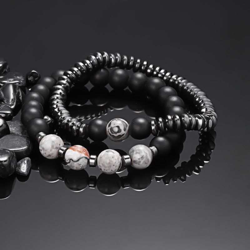 Sort Galdesten Frosted Stone Kombination Beaded Mænds Armbånd To Pack Fashion