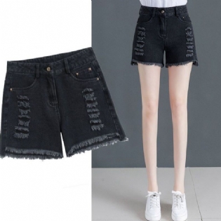 Sorte Højtaljede Denimshorts Damer Løs Casual Rippet Tyndt Afsnit