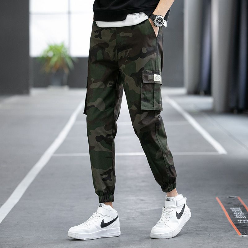 Strålede Camouflage Overalls Med Flere Lommer Til Mænd Afslappet Løs Lige