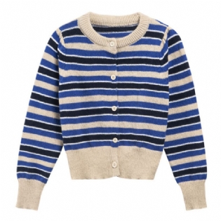 Stribet Rundhalset Kort Cardigan Dame 2023 Forår Kontrast Farve Strikket Sweater Ulden Top