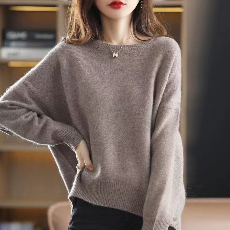 Strik Til Kvinder 2023 Efterår Og Vinter Ny Rundhalset Pullover Ensfarvet Sweater Med Løs Bund