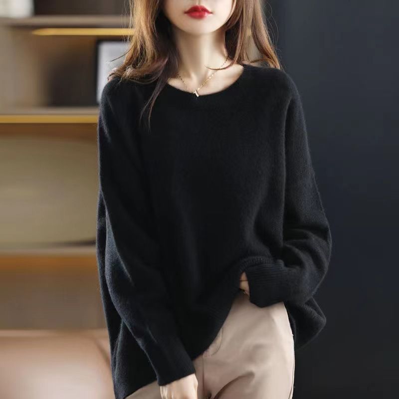 Strik Til Kvinder 2023 Efterår Og Vinter Ny Rundhalset Pullover Ensfarvet Sweater Med Løs Bund
