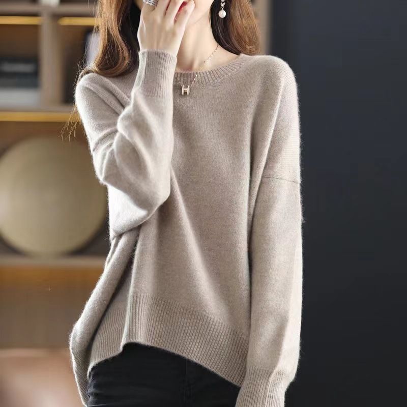 Strik Til Kvinder 2023 Efterår Og Vinter Ny Rundhalset Pullover Ensfarvet Sweater Med Løs Bund