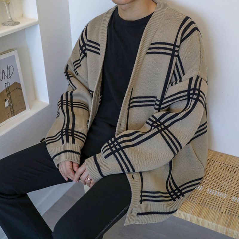 Strik Til Mænd Trendy Løs Cardigantrøje Smuk Street Coat