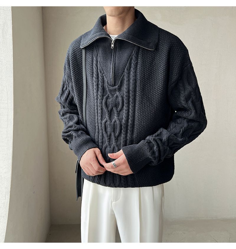 Strik Til Mænds Store Revers Jacquard Twist Ensfarvet Pullover Sweater