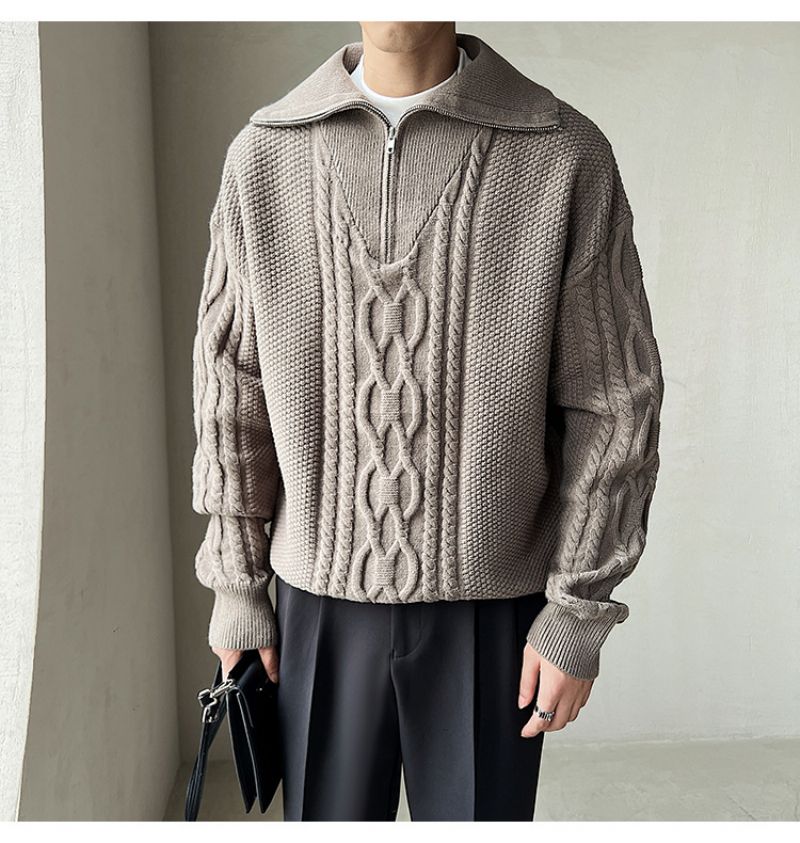 Strik Til Mænds Store Revers Jacquard Twist Ensfarvet Pullover Sweater