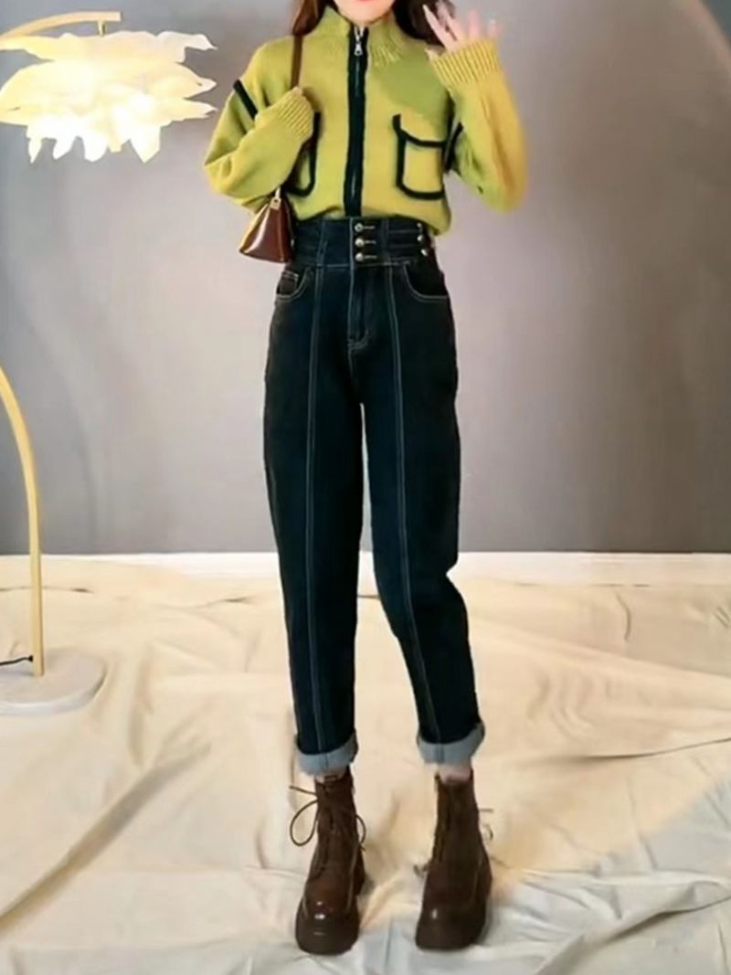 Tre-radede Højtaljede Jeans Dame Løse
