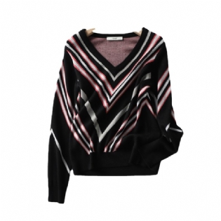 V-hals Stribet Langærmet Sweater Kvinders Efterår Og Vinter Nye Indre Wear Dame Udenlandsk Stil