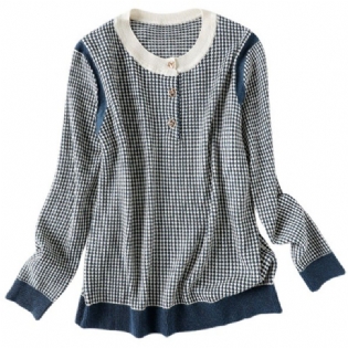 Vestlig Stil Med Løs Bund Til Kvinder 2023 Forår Og Efterår Ny Rundhalset Langærmet Sort Og Hvid Plaid Strikket Sweater Tidevand