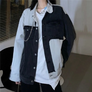 Vintage Color Block Langærmet Denimjakke Dame Løs Arbejdstøjsjakke