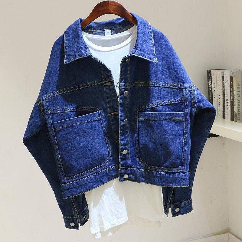 Vintage Cropped Denim Jacket Dame Loose Pocket Top
