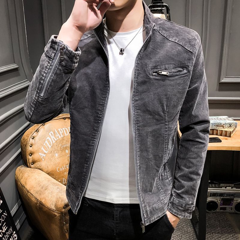 Vintage Denimjakke Til Mænd Casual Jakke Trend Ensfarvet